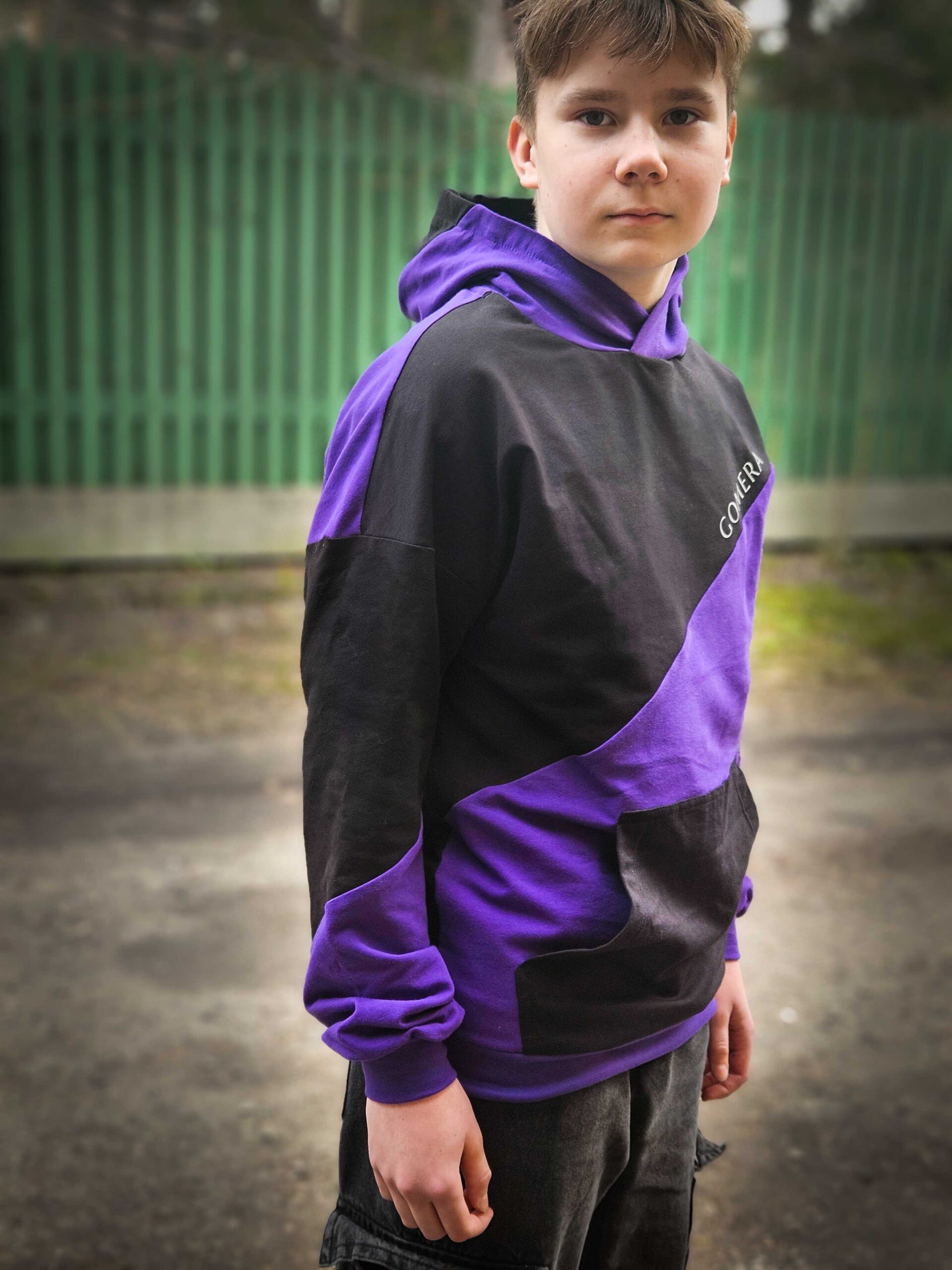 GOMERA lilla ja must laste patchwork pusa mudel Diagonal Split – Eesti käsitöö ja tellimustöö