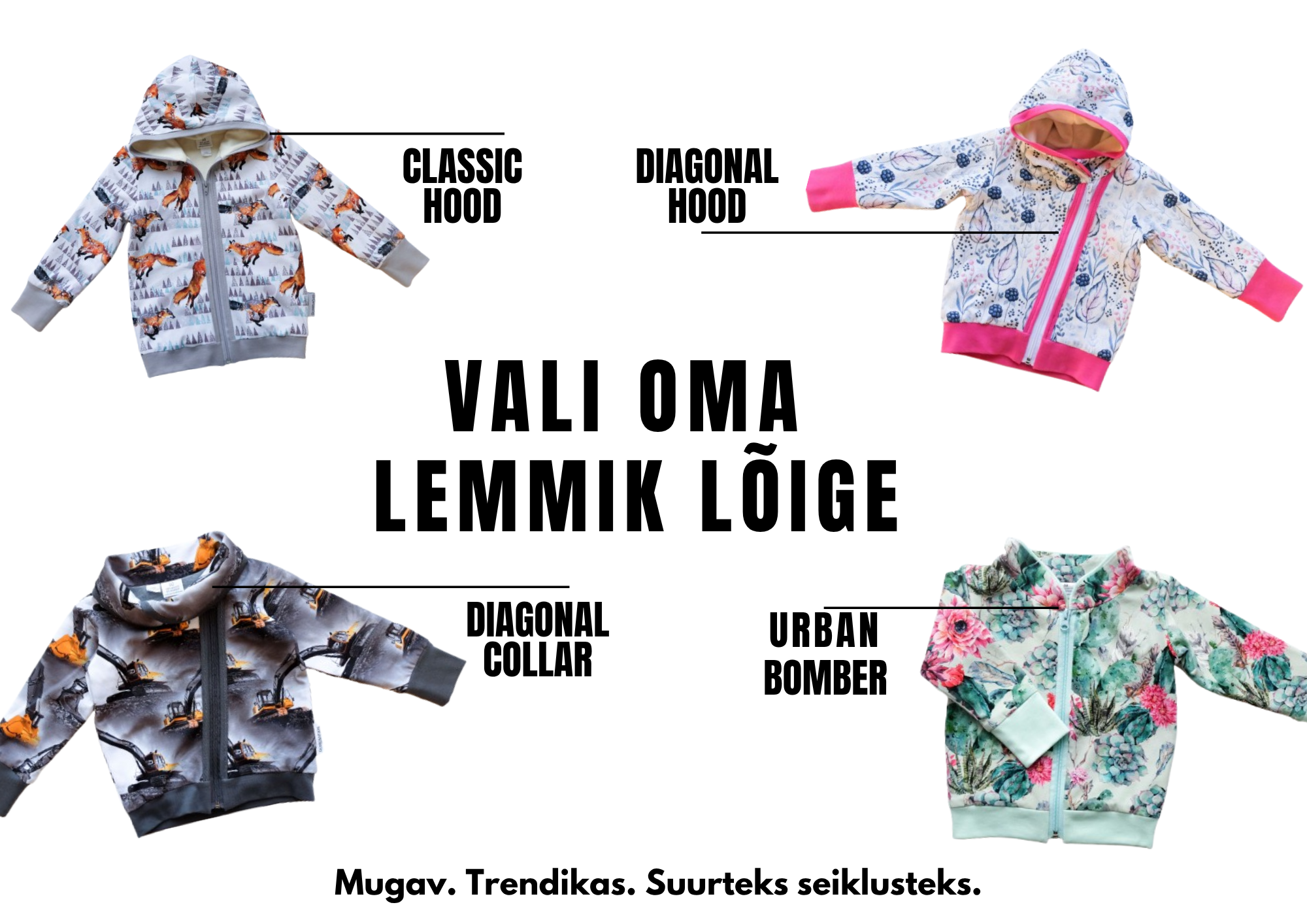 Neli erinevat lõikevalikut laste Signature Print pusale.