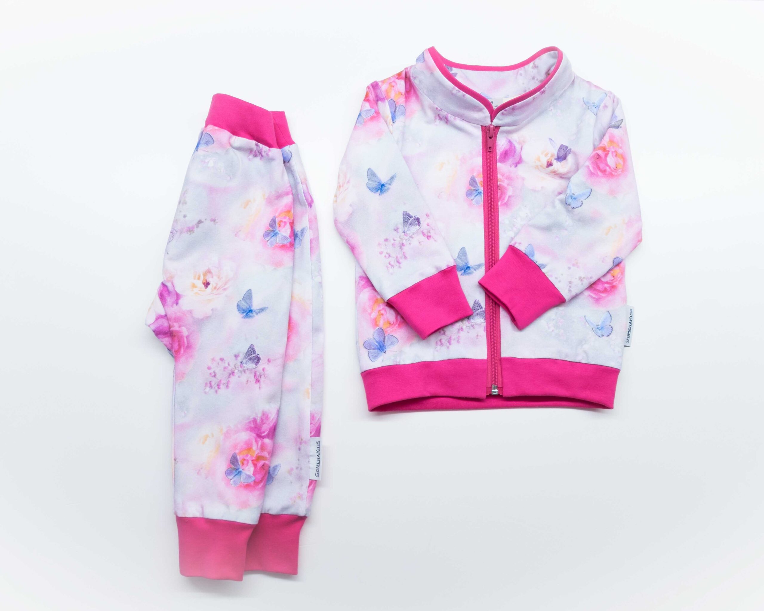 HeleroGomera pusa Classic Hood sirge luku ja kapuutsiga vali ise disain.osa ja fuksiaroosa laste dressikomplekt Urban Bomber lõikega pusa ja püksid.
